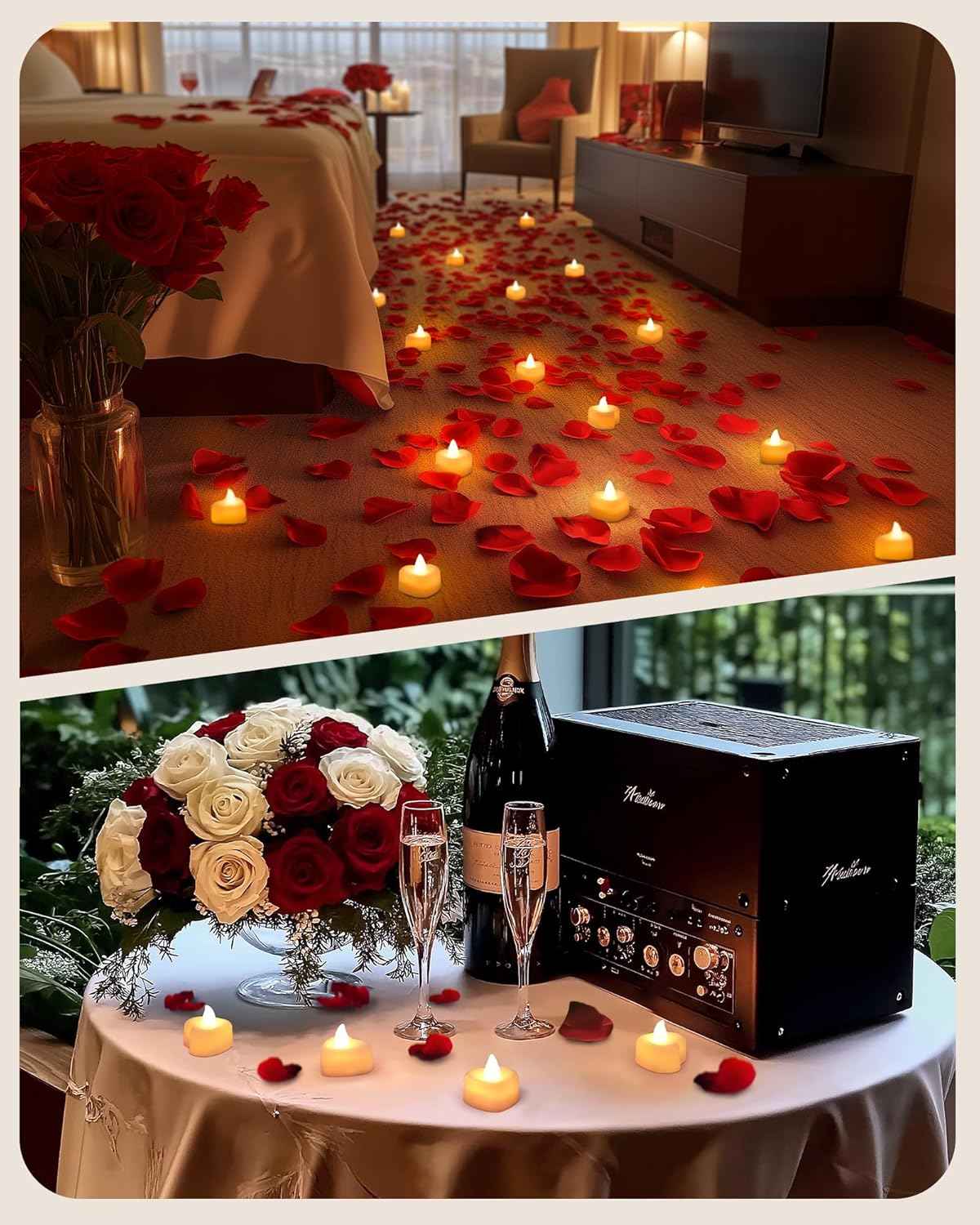 Amagic 1000 Pieces Artificial Rose Petals with 12 Heart LED Tea Lights Candles Kit, Rose Petals and Candles Set for Proposal, Anniversary, Valentine's Day, Special Romantic Night, Wedding Table Decor