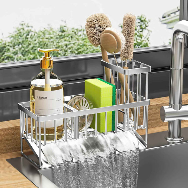 Cisily Sink Caddy Sponge Holder for Kitchen with Brush Holder and Stainless Steel Self Drain Tray, Rustproof Kitchen Sink Organizer for Sponge, Soap Dispenser Storage Accessories