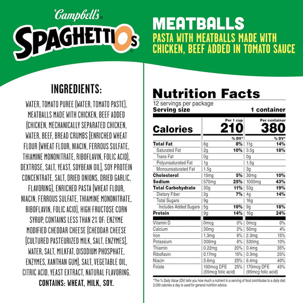 SpaghettiOs Canned Pasta with Meatballs, 12 Pack, 15.6 oz Can, No Artificial Colors, No MSG