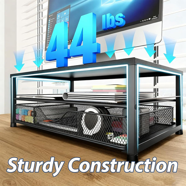 2-Tier Computer Monitor Stand Riser with Drawer and Pen Holders for Office Supplies