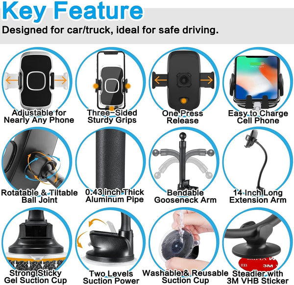 Solid Car Truck Phone Mount Holder with 14-Inch Gooseneck Long Arm, Windshield Window Mobile Holders w/Industrial-Strength Suction Cup, Anti-Shake Stabilizer Compatible All Cell Phones iPhone