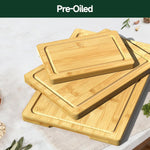Bamboo cutting board set for kitchen with deep juice grooves and pre-oiled surface