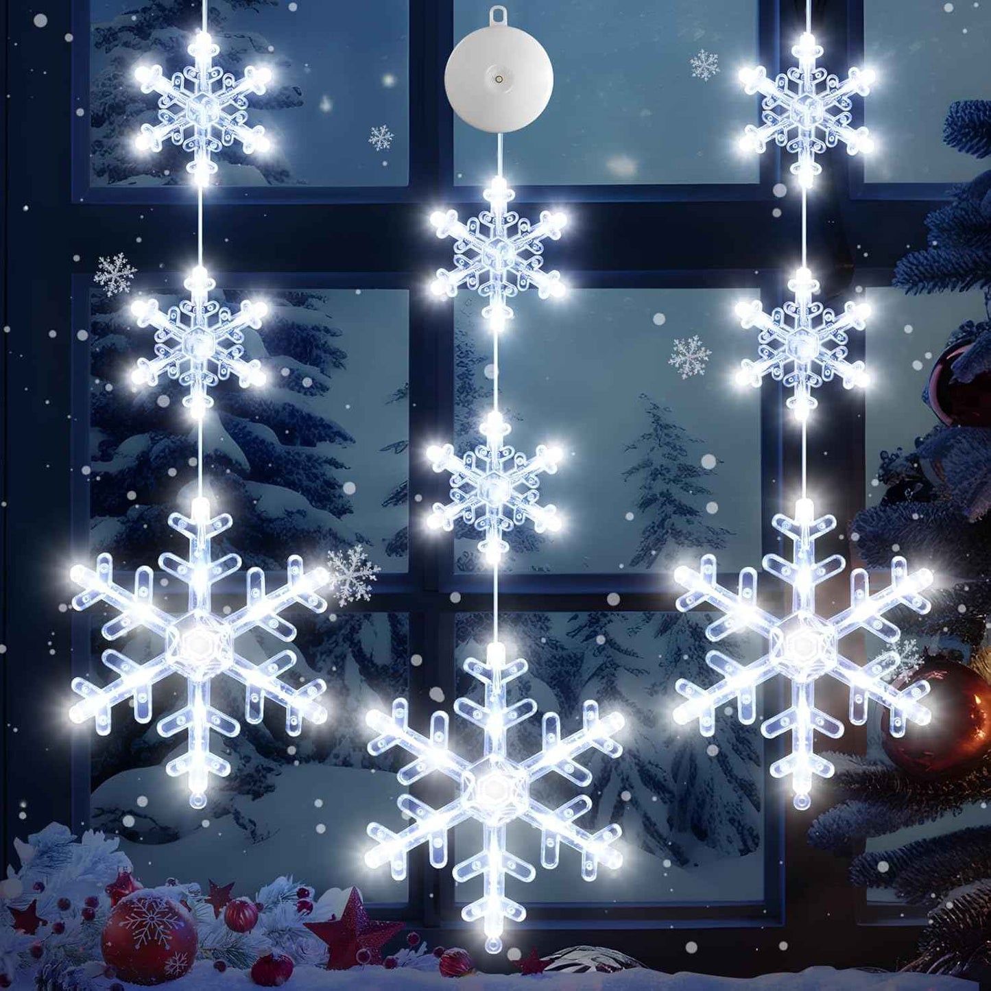 3Pcs Christmas Window Lights Decorations with Timer, Battery Powered Christmas Window Hanging White Lighted Snowflake Shaped LED Sucker String Lamp for Xmas Tree Fireplace Window Indoor Decor