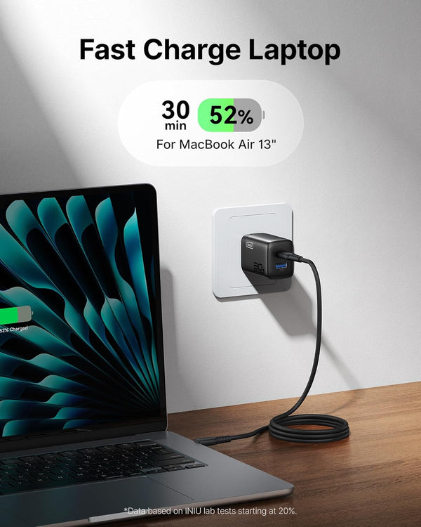 INIU Mini USB C Charger, 30W GaN Fast Charging ETL Certified Wall Adapter Block with Samrt Phone Protection, Dual Port with 5ft Type C Cable for iPhone 17 iPad Samsung Google Switch etc [2-Pack Black]