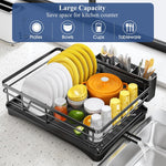 Large capacity dish drying rack for kitchen counter with utensil holder and efficient drainage