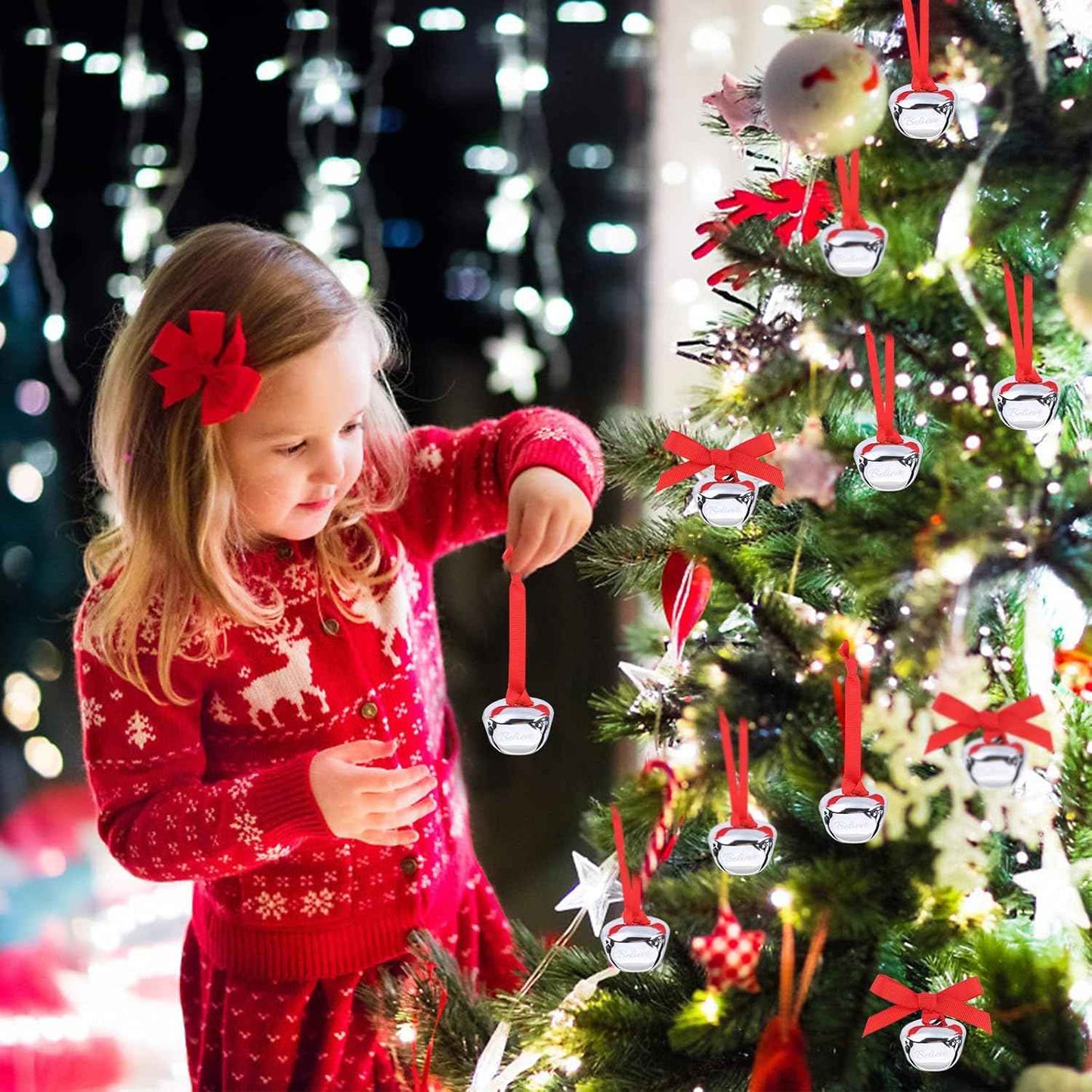 Sdfsdf 30 Pieces Believe Bell Ornament for Christmas Tree Sleigh Bell with Ribbon Xmas Party Home Decoration 1.5 inch (Silver)