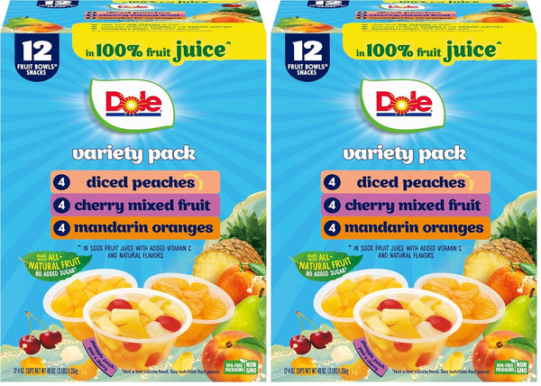 Dole Diced Peaches, Mandarin Oranges, and Cherry Mixed Fruit Variety Pack, 12 Pack, 4 oz Bowls