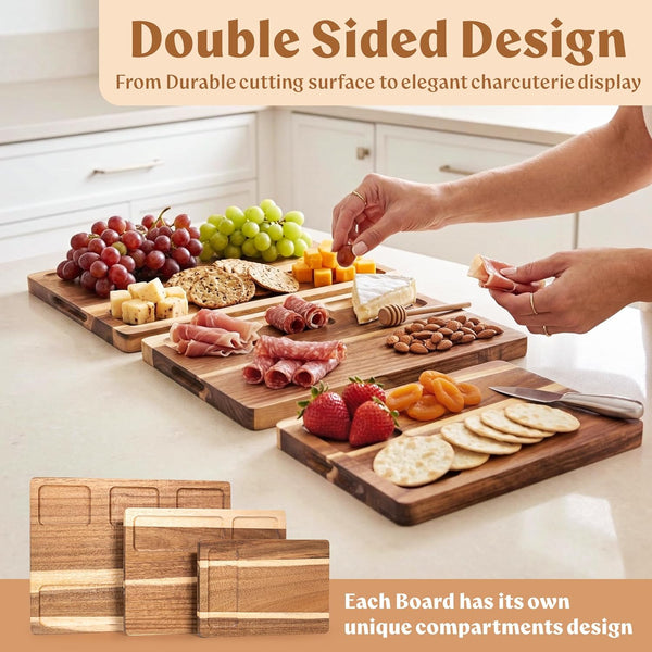 Acacia Wood Cutting Board Set of 3 for Kitchen with Deep Juice Groove