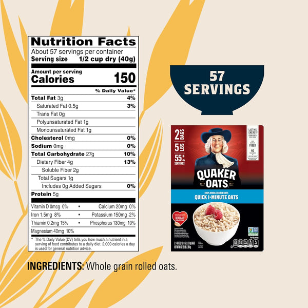 Quaker Quick 1-Minute Oatmeal, Non GMO Project Verified, 2.5 Pound (Pack of 2)