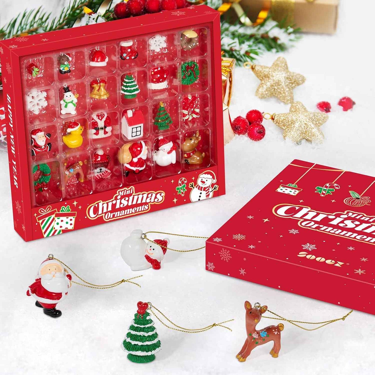 Mini Christmas Ornaments, Sooez Set of 24 Cute Miniature Resin Christmas Tree Ornament Figures Advent Calendar Fillers, Durable & Well-Crafted 3-D Figurines with Gold Loops for Easy Hanging