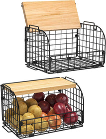 2 Set Stackable Wire Basket with Openable Top, Kitchen Counter, Pantry Organizer and Storage Produce Onion Potato Fruits Vegs Bread Food Snack Spice Organizing Bin for Cabinet Shelf Countertop Floor