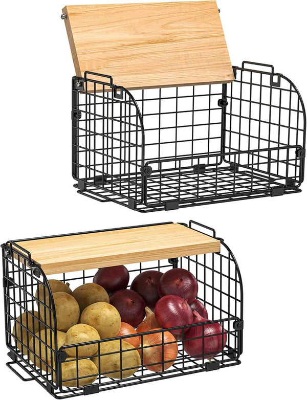 2-Set Stackable Wire Baskets with Openable Top - Versatile Kitchen, Pantry, and Countertop Organizer