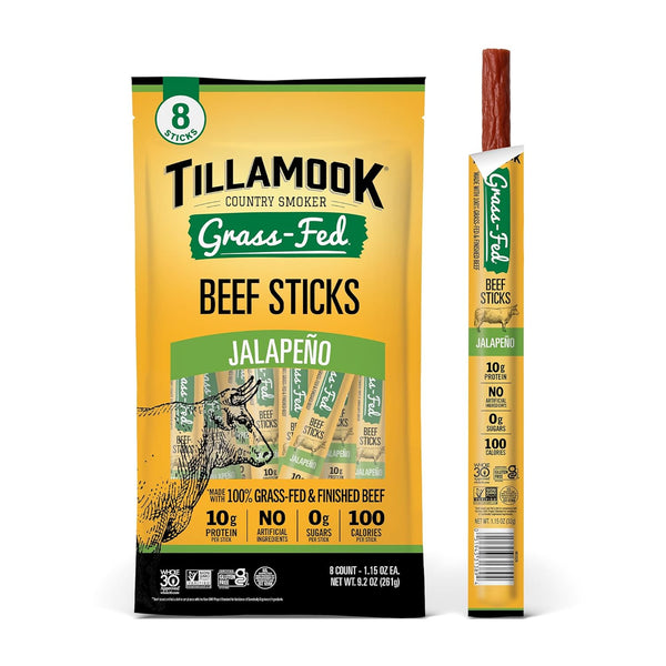 Tillamook Country Smoker 100% Grass Fed Beef Sticks, 8 Pack, 1.15 Ounce, Non-GMO, Gluten Free, High Protein Snack