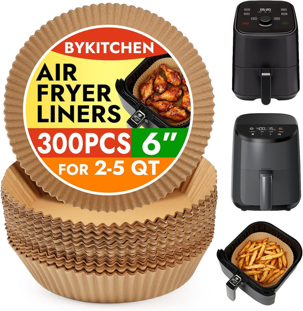 BYKITCHEN 300PCS Disposable Air Fryer Liners for Ninja AF141 5QT Pro AF181 6.5QT, Chefman 6 QT, Cosori 6QT &Other 5 to 8Qt Airfryer, 8 Inch Round Air Fryer Parchment Paper, Airfryer Basket Accessories