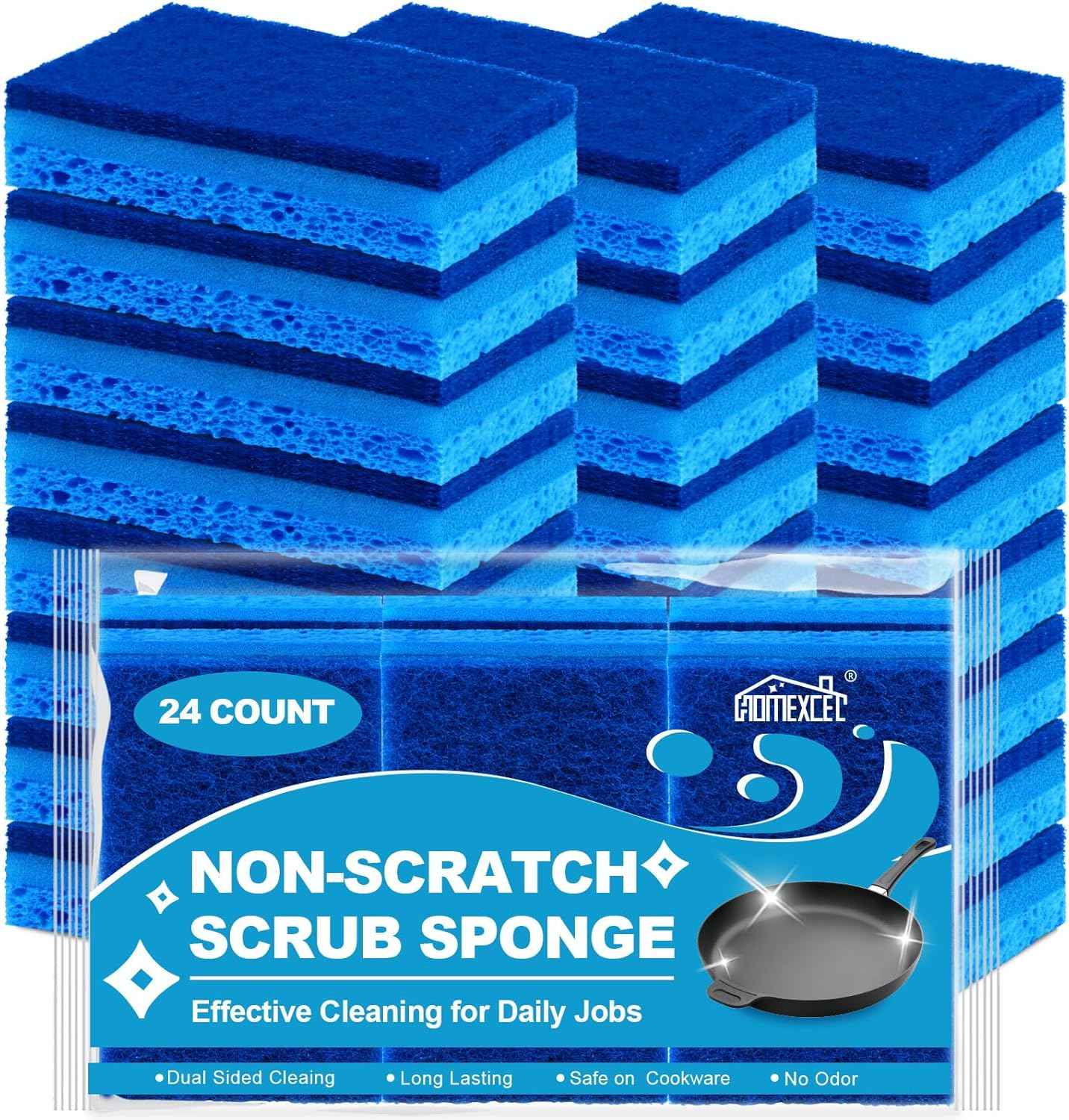 HOMEXCEL Sponges Kitchen 24pcs, Non-Scratch Scrub Dish Sponge Safe on Non-Stick Cookware, Dual Sided Cleaning Sponges for Kitchen, Household, Bathroom and More