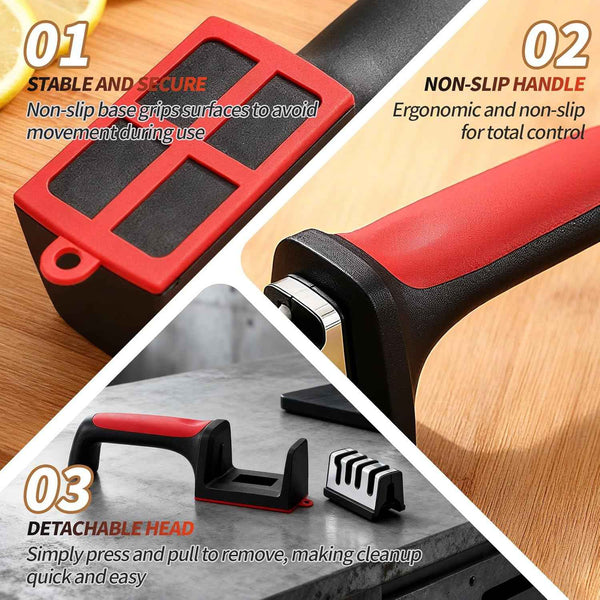 4-in-1 Kitchen Knife Sharpener, Professional Grade with Tungsten Steel and Ceramic Slots, Scissor Sharpening, Black/Red