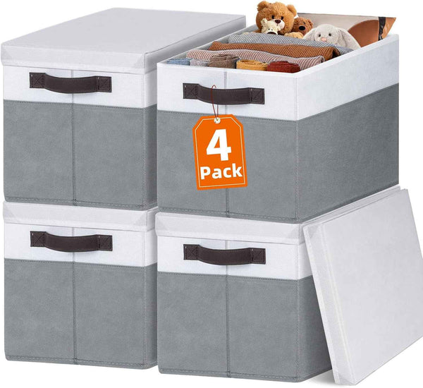 Large Closet Storage Baskets Bins with Lids - 4 Pack, Stackable Cubes for Nursery, Bedroom, Home, Dorm