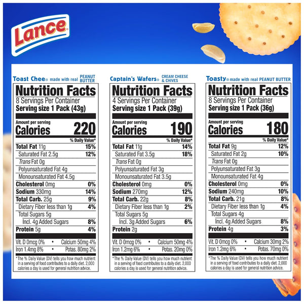 Lance Sandwich Crackers Variety Pack, 3 Flavors, 20 Individually Wrapped Packs, 6 Sandwiches Each