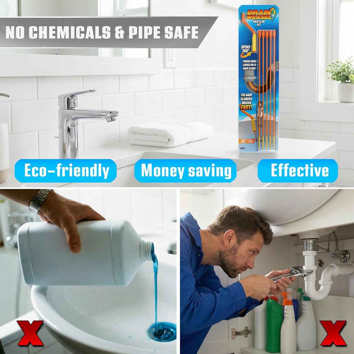 FlexiSnake Drain Weasel Sink Snake Hair Clog Remover Tool, Pipe, Bathroom, Bathtub Cleaner, 18-inch, Made in the USA, 5 Wands and Removable Handle