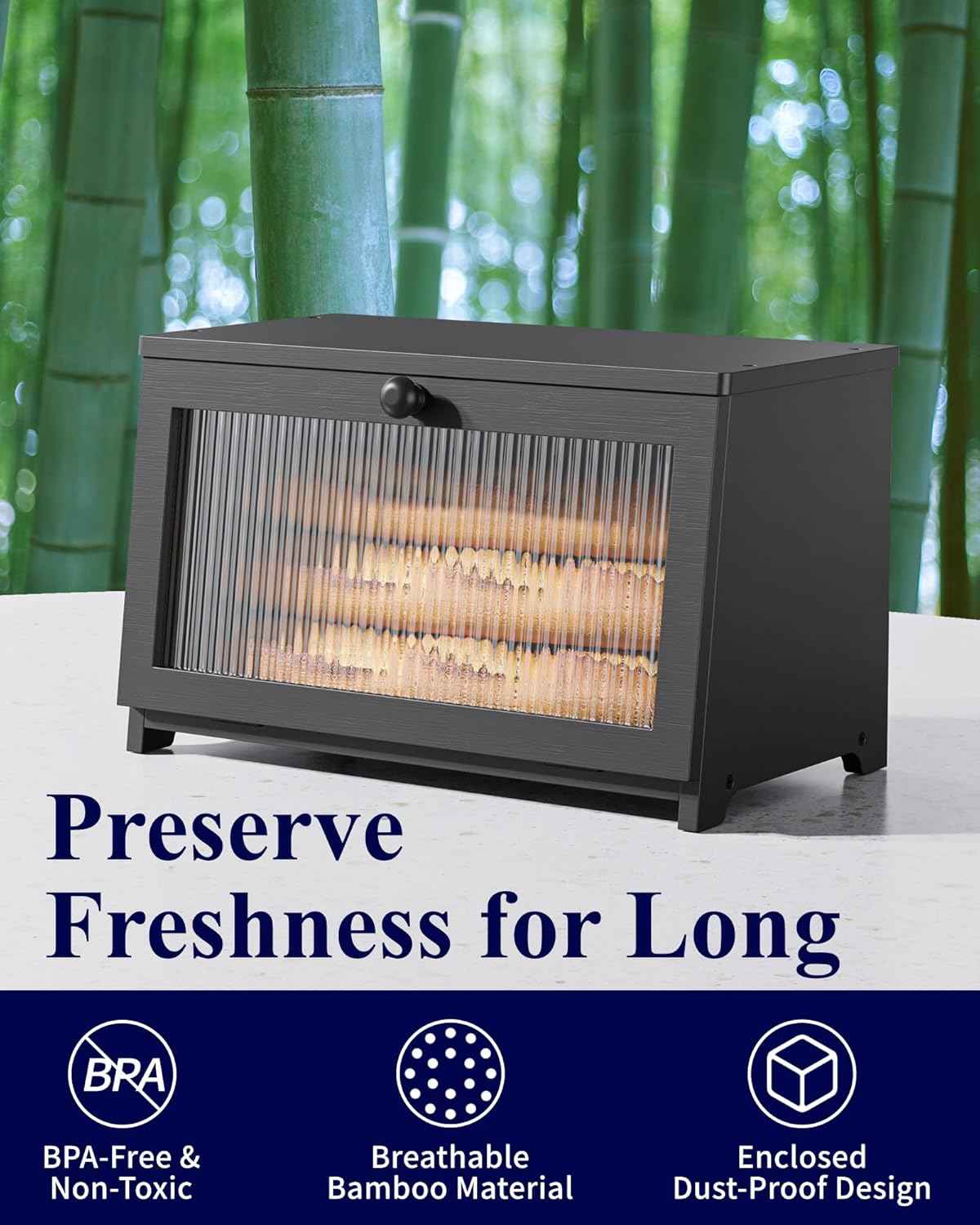 Kitsure Bread Box - Wooden Bread Box for Kitchen Countertop, Large Capacity Kitchen Countertop Organizer, Stylish Bread Storage with Window, Multi-functional Container, Black, 15.0"x8.3"x9.1" (1T)