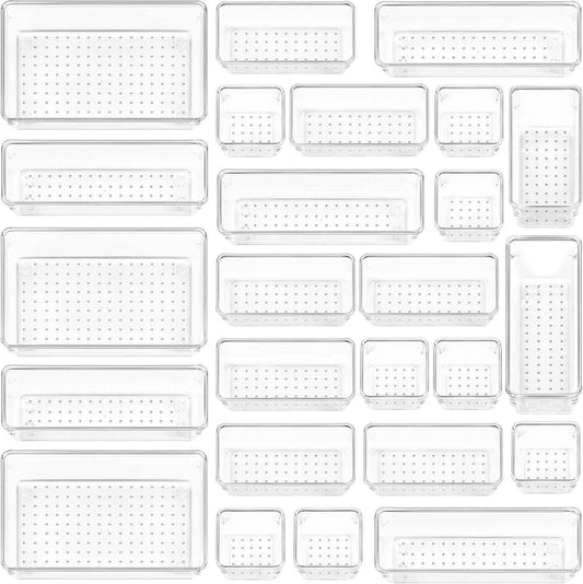 Vtopmart 25 PCS Clear Plastic Drawer Organizers Set, 4-Size Versatile Bathroom and Vanity Drawer Organizer Trays, Storage Bins for Makeup, Bedroom, Kitchen Gadgets Utensils and Office