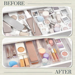 6-piece clear plastic drawer organizer set for makeup vanity and office desk