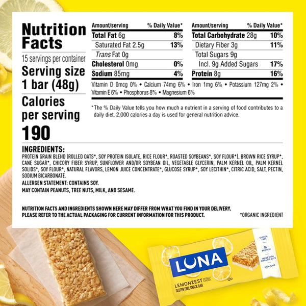 LUNA Bar LemonZest Flavor Gluten Free Snack Bars Value Pack 12 Pack