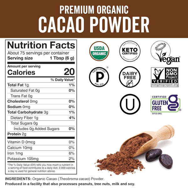 Organic Unsweetened Cacao Powder 1 lb (454 g) Rich Dark Chocolate Flavor Vegan Keto Paleo Non-Gmo Gluten-Free