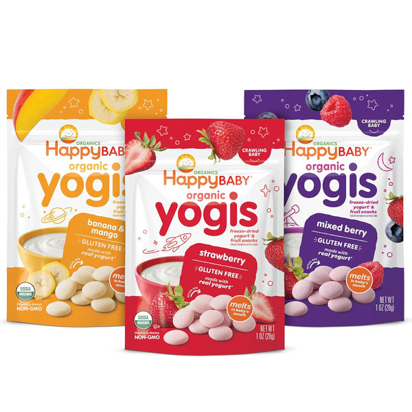 Happy Baby Organics 3 Flavor Yogis Freeze-Dried Yogurt & Fruit Snacks Variety Pack, 1 Ounce, 3 Count