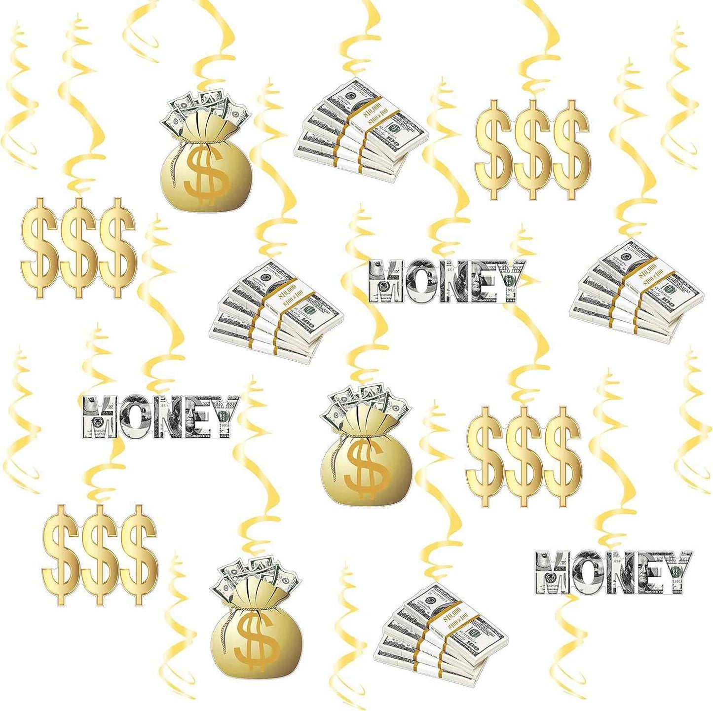 Gold Money Theme Hanging Decoration Dollar Bill Signs Hanging Swirls Money Bag Currency Symbol for Birthdays Casino Weddings Bachelorette Retirement Anniversary Graduations Party Supplies
