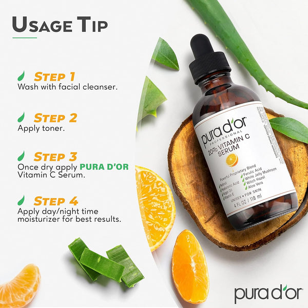 pura d'or 20% vitamin c serum 4 oz - lightweight, retinol, hyaluronic acid, ferulic acid treatment for face & eyes - men & women