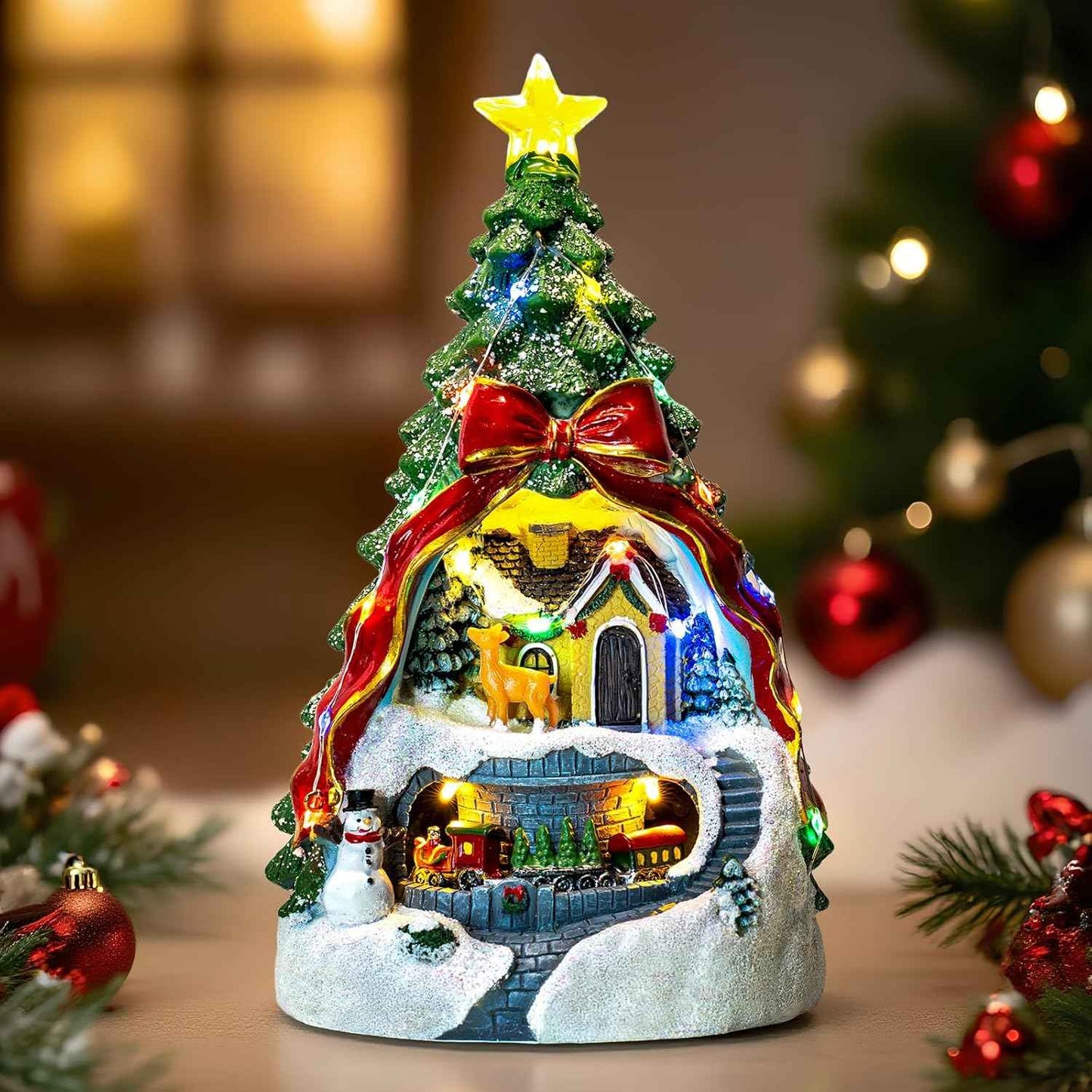 Animated Collection Figurines Musical Christmas Tree Spinning Train Deer Snowman with Rotating Train, Lighted Christmas Collection Figurines for Home Tabletop Decorations Ornaments Gifts