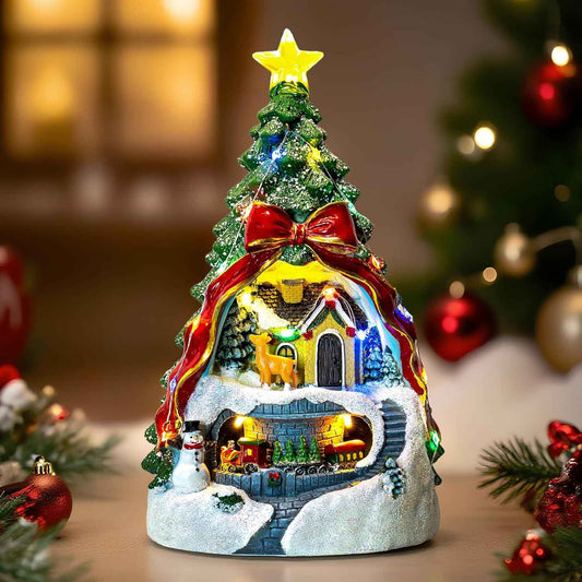 Animated Collection Figurines Musical Christmas Tree Spinning Train Deer Snowman with Rotating Train, Lighted Christmas Collection Figurines for Home Tabletop Decorations Ornaments Gifts