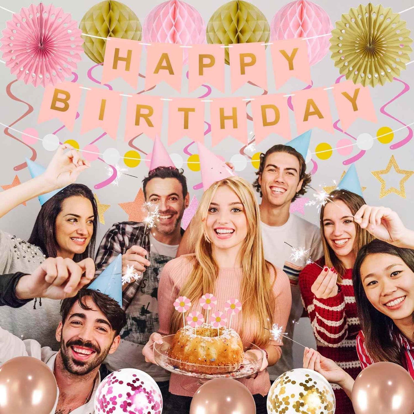 65Pcs Birthday Decorations Happy Birthday Banner Pink Rose Gold Balloons Honeycomb Ball Paper Fans Dots Garland Hanging Swirls Birthday Party Decor for Girls Women Princess