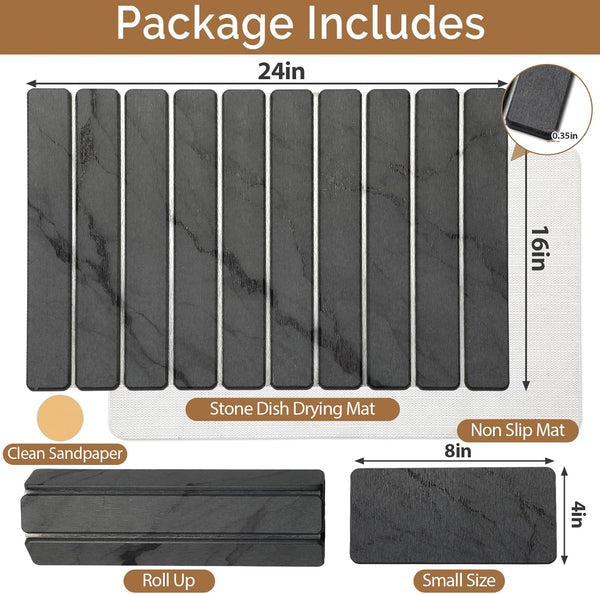 Large Stone Dish Drying Mat for Kitchen Counter, Dark Gray, 24"×16" & 8"x4"