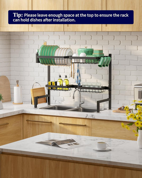Adjustable over sink dish drying rack with large capacity and multifunctional baskets