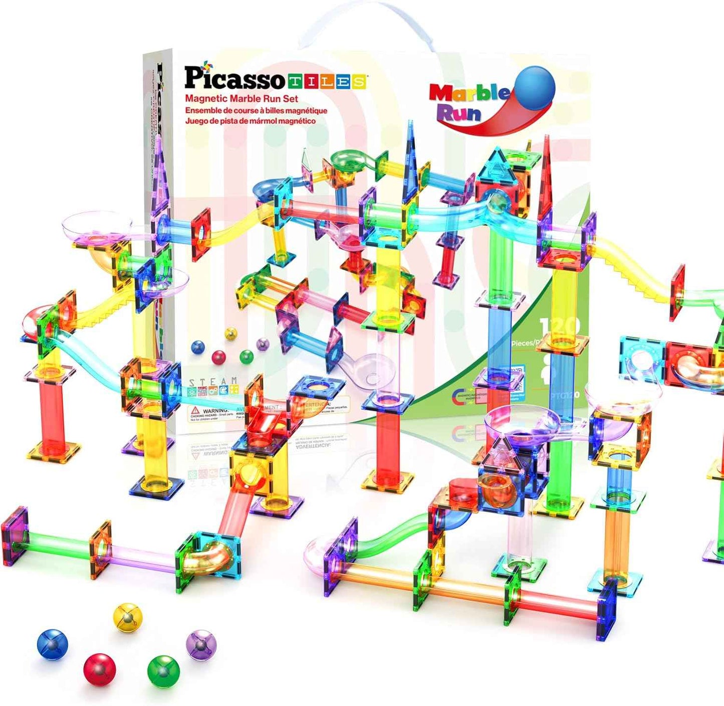 PicassoTiles 50pcs Magnetic Tiles Marble Run for Kids Race Track Toy Marble Maze Sensory Toys for Toddlers STEM Educational Set Magnet Building Blocks Construction Building Tiles Boys Girls 3+ PTG50