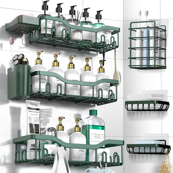 Shower Caddy Adhesive Shower Organizer 7-Pack, Rustproof Stainless Steel Bathroom Shelves, Large Capacity No-Drill Rack Storage Accessories with Soap Dish Toothbrush Holder &24 Hooks Home Decor