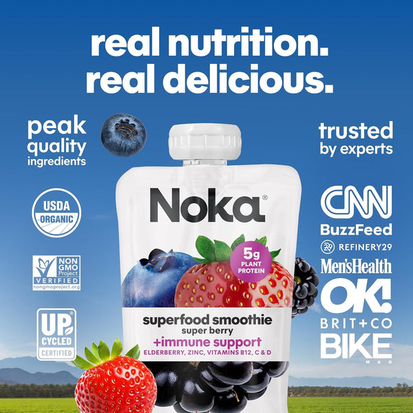 Noka Superfood Fruit Smoothie Pouches with Immune Support, Super Berry, Healthy Snacks with Vitamin C, Plant Protein, Flax Seed, Gluten Free, Squeeze Pouch, 4.22 oz (Pack of 12)
