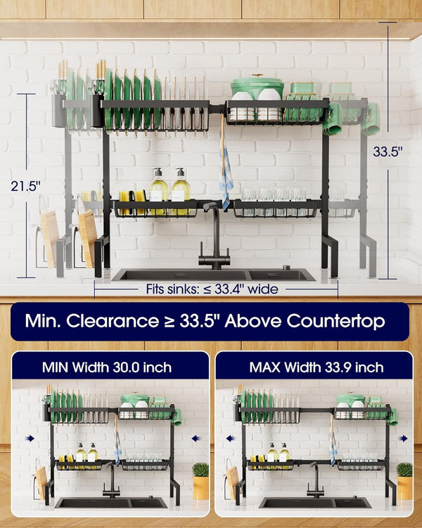Adjustable over sink dish drying rack with large capacity and multifunctional baskets