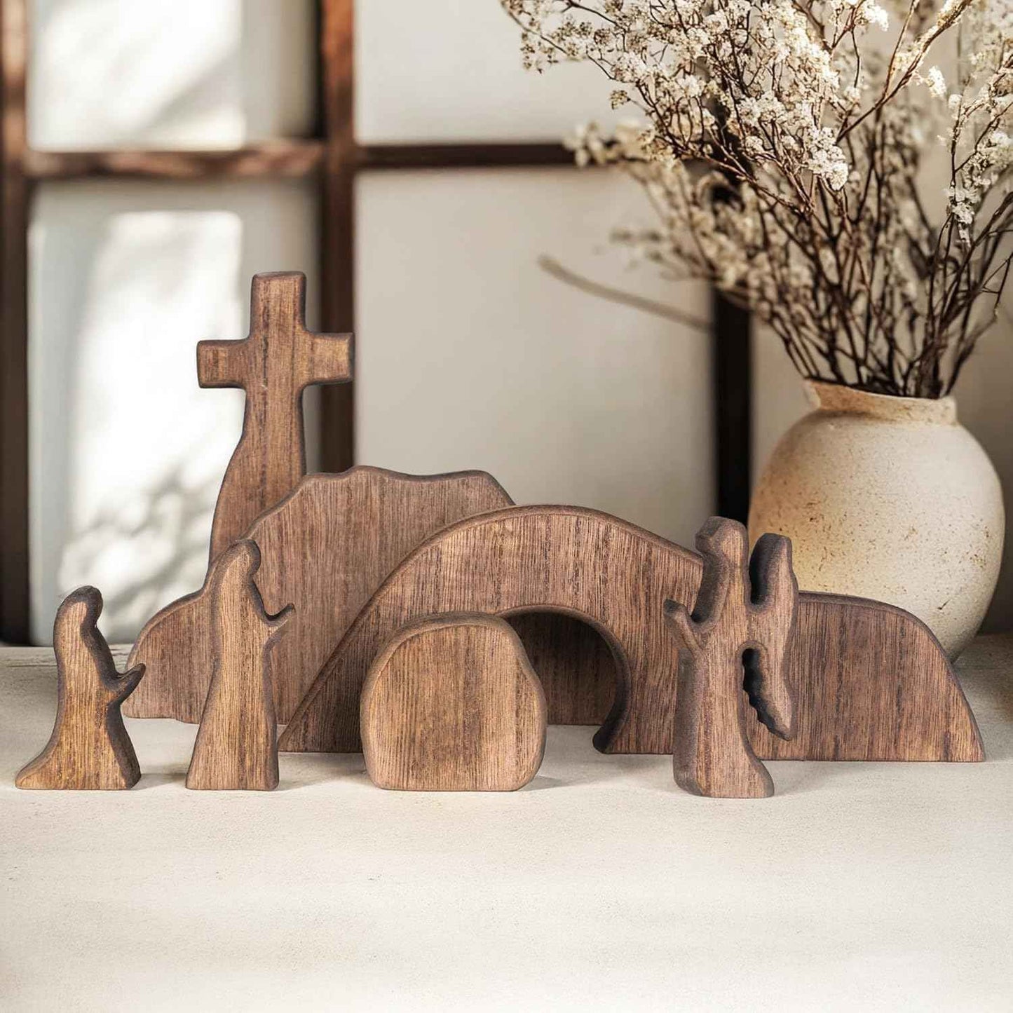 NEROSUN Nativity Scene Set, 13Pcs Wooden Christmas Nativity Scene Miniature Holy Family Figurines, Minimalism Boho Tabletop Christmas Manger Decorations for Indoor Home Mantel Display