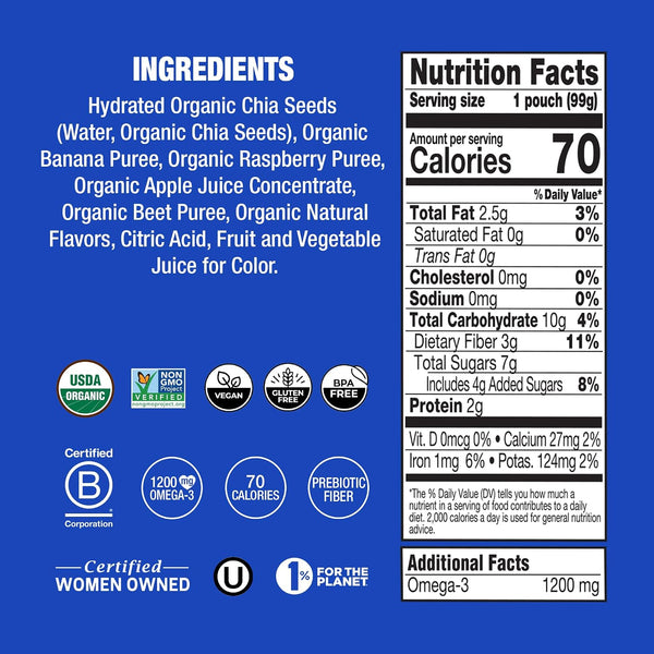 Mammachia Organic Chia Squeeze Vitality Snack, Wild Raspberry, No Added Sugar, Vegan Friendly, Kosher, USDA Certified Organic, Gluten Free & Non-GMO, 4 Count, 14 Ounce (Pack of 6)