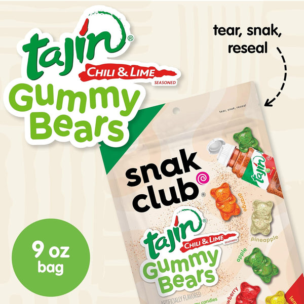 Snak Club Tajin Gummy Bears Assorted Fruit Candy Gummies 9 oz Resealable Bag