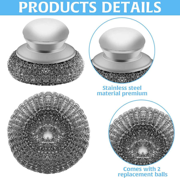Stainless Steel Wool Scrubber with 2 Replacement Pads for Cleaning Metal Pans, Pots, Grills & More