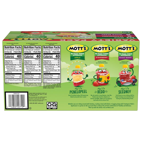Mott's No Sugar Added Applesauce Variety Pack, 3 Flavors, 20 Pack