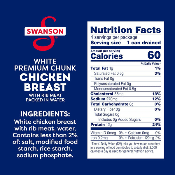 swanson white premium chunk chicken breast in water, 4.5 oz, pack of 4, no antibiotics, gluten-free