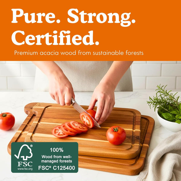 Non-toxic cutting board set made from FSC certified acacia wood, free of mineral oil, includes 3 chopping boards.