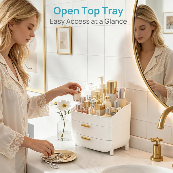 3-Tier Skincare Makeup Organizer with Drawers for Vanity and Bathroom Countertop