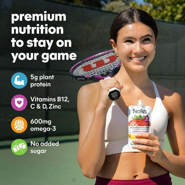 Noka Superfood Fruit Smoothie Pouches with Immune Support, Super Berry, Healthy Snacks with Vitamin C, Plant Protein, Flax Seed, Gluten Free, Squeeze Pouch, 4.22 oz (Pack of 12)