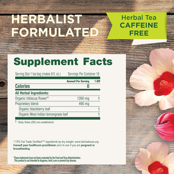 Organic Hibiscus Tea - 16 Tea Bags - Kosher, Non-GMO, Caffeine-Free, Compostable
